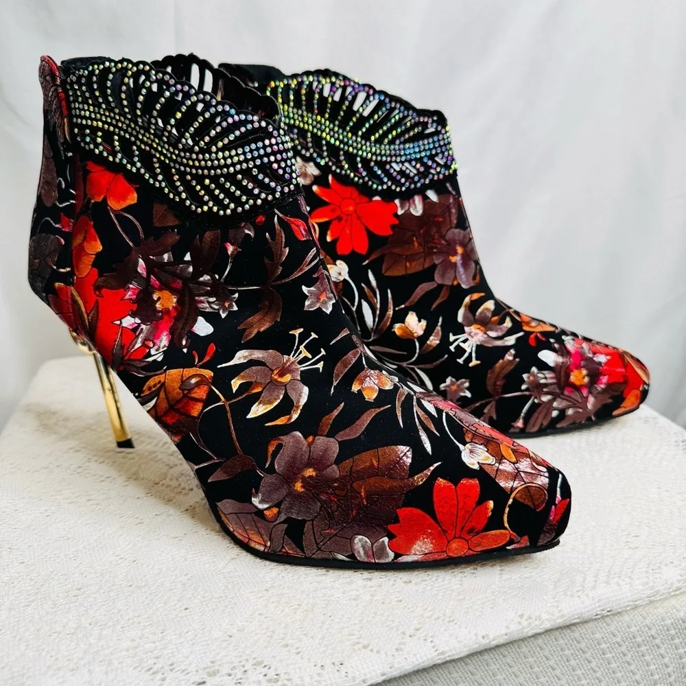 Floral Velvet Rhinestone Ankle Boots Sz 42 (US 10.5) Statement Stiletto Heel - Picture 2 of 16